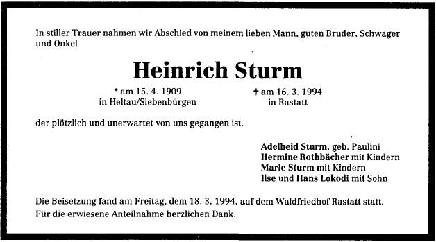 Sturm Heinrich 1909-1994 Todesanzeige